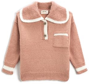Koton Oversized Knit Sweater Peter Pan Neck Striped Button and Pocket Detail, Suéter pulóver niñas, Orange(213),