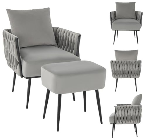 COSTWAY Butacas de Salón con Otomana, Silla Moderna de Terciopelo Holandés, Juego de Sillón Individual y Reposapiés Tapizados de Metal y Almohadillas Ajustables con Profundidad del Asiento 58cm(Gris)