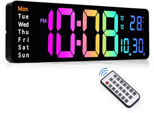 Wanduhr Digital, 13 Digitale Wanduhr, Digitaluhr mit Fernbedienung, Wecker Digital mit Timing & Countdown, Datum, Woche, Temperatur, Dimmen für Schlafzimmer Wohnzimmer Büro Schule Garage -Bunt