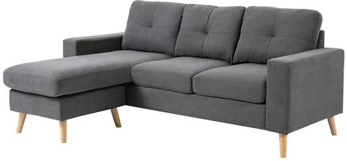 HOMCOM Ecksofa L-Form Sofa mit 3 Kissen, Eckcouch mit Knopfheftung, Leinenoptik, Veränderbare Chaiselounge Couch Wohnlandschaft für Wohnzimmer, Schlafzimmer 193 x 136 x 85 cm Dunkelgrau
