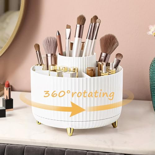 LOVICVKEM Schminktisch Organizer, Kosmetik Make Up Organizer, 360°Drehbarer Pinsel Organizer, Kosmetik Organizer Lidschattenpinsel Lippenstiftetui für Frisiertisch, Schlafzimmer und Badezimmer (weiß)