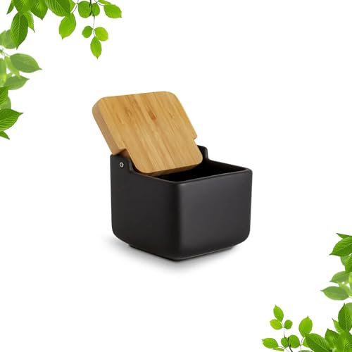Solty - Salero de Cocina con Tapa de Bambú - Contenedor de Sal de Cerámica Negra - Diseño Moderno - Almacenamiento de Sal y Especias - Medidas 12 x 12 x 11 cm - Fácil de Limpiar
