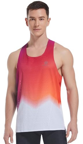 Sanken Men's Seamless Running Tank Tops Ultra Lightweight Marathon Singlets Breathable Race Vests Quick Dry Sleeveless Shirt (US, Alpha, Large, Regular, Regular, Red&White)