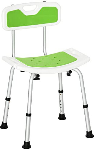 HOMCOM Tabouret de Douche Chaise de Douche pour Personnes âgées et handicapées, avec Dossier, siège incurvé, Hauteur réglable, Patins antidérapants et Support de Pomme de Douche, en Aluminium, Vert