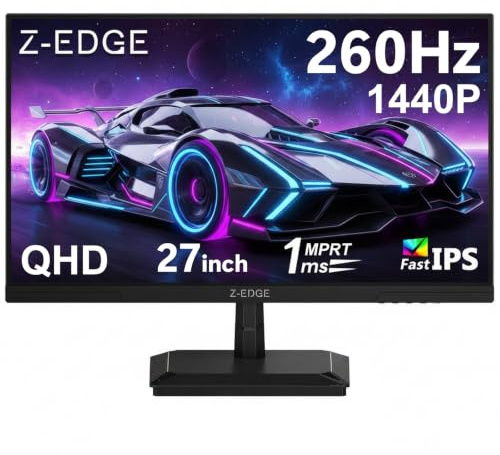 Z-Edge 27 tum spelskärm QHD 260Hz 240Hz 1ms IPS Panel | Gaming Monitor 2560x1440, 16:9, 8 bitar, 350 cd/m² ljusstyrka, 100% sRGB, hårkors, VESA 100x100mm (DP-kabel ingår)