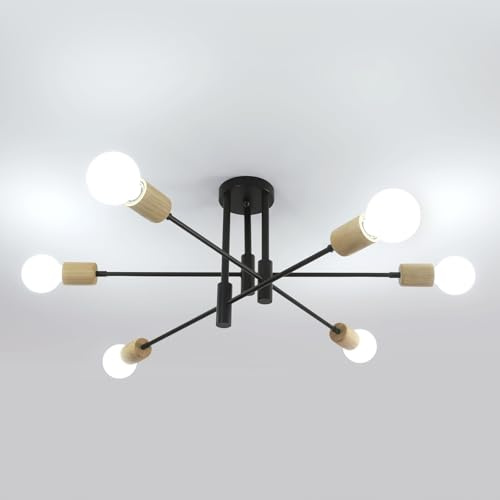 Riserva Lámpara de Techo Industrial Vintage, E27 Lámparas de Araña Madera para Dormitorio, Comedor, Sala de Estar, Balcón, Pasillo, 6 Luces