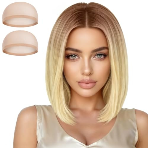 Aomig Pelucas Pelo Natural, Peluca Rubia, Corto Bob Lacio Pelucas, Pelucas Flat Bang Cabello Sintética Fiesta Peluca, con Flequillo Shoulder Largo, para Cosplay y Uso Diario