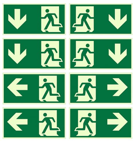 Pabbyeey 8 Pezzi Cartelli Uscita di Emergenza 300x150mm, Segnaletica di Sicurezza Adesiva in PVC Riflettente Verde, Frecce “Sinistra”, “Destra” e “Giù” per Interno ed Esterno, Hotel, Scuole, Ospedale