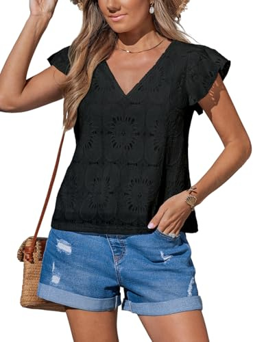 CUPSHE Blusa de verano para mujer, elegante, algodón, cuello en V, encaje perforado, con volantes, manga corta, para tiempo libre