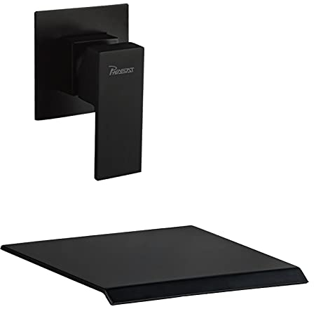 PHASAT Black Wall Mounted Bath Taps Brass Waterfall Basin Mixer Taps with 20cm Wide Spout Bath Filler Taps BB02E