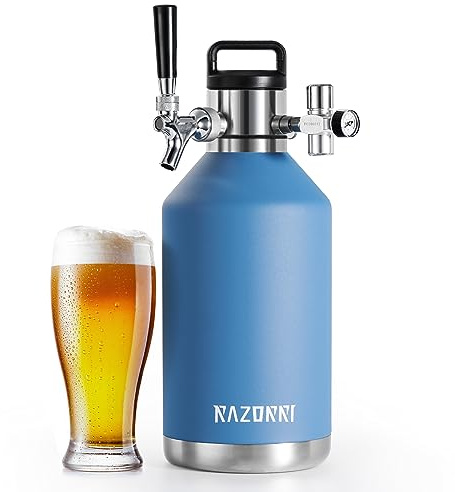 Razorri 128oz Stainless Steel Beer Growler, Double-Wall Vacuum Insulated Carbonated Keg with Professional Bar Tap and Pressurized CO2 Regulator, 1 Gallon, Ocean Blue