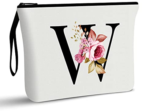 A-Z Personalized Makeup Bag, Birthday Gifts for Women Mom Bridesmaid (W) | Initial Gifts for Best Friend, Bride Girls, Cosmetic Bag
