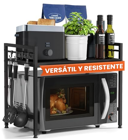 Heldenwunder Mensola MobileCucina Salvaspazio Acciaio (2 Ripiani) | Organizer Forno Mobiletto Scaffali | Supporto Microonde Regolabile + Video Guida, Ganci – Nero