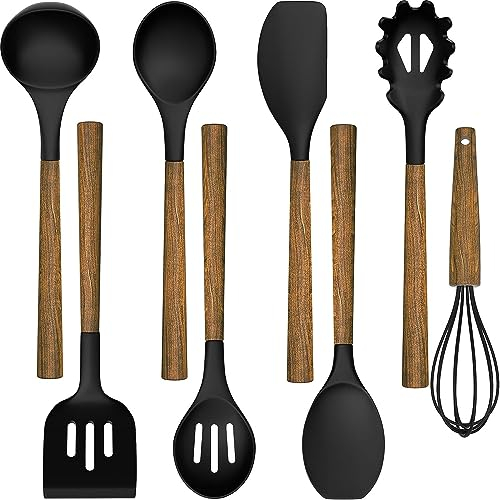 Cooking Utensils Set, 8 PCS Kitchen Utensil Set with Wooden Handle, Black Silicone Kitchen Utensil Accessories, Non-Sticky, Heat Resistant, Easy Cleaning Utensil Set