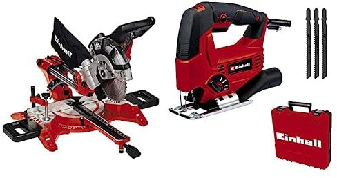 Einhell Ingletadora TC-SM 2131/1 Dual (1.800W, 4.900min-1, función de tracción integrada, tope de pieza, dispositivo de sujeción, incl. hoja de sierra de carburo de tungsteno, láser) + Set Caladora