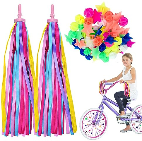 Kids Bike Accessories Set, 2 Pack Bike Tassels + 36Pcs Spoke Beads for Kids Girls, Rainbow Bike Accessories Colorful Tassel Ribbons Bicycle Clip Beads Kids Bike Accessories for Micro Scooter Tricycle