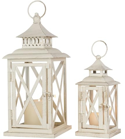 Lanterns Decorative Outdoor&Indoor, Set of 2 (14&10) Beige Metal Lantern Decor with Glass, Candle Holder for Porch, Patio, Garden, Balcony, Wedding, Table Centerpiece