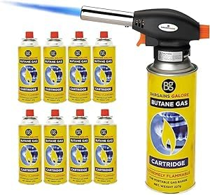 Blow Torch with Butane Gas Bottles - for Camping, Cooking, Kitchen, BBQ, Desserts, Creme Brulee | Flamethrower Welding Refill Auto Ignition Soldering Weed Burning (Blow Torch + 8 Gas Bottles)