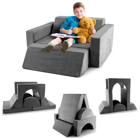 COSTWAY Divano Modulare per Bambini 8 Pezzi, Divanetto per Bambini con Copertura Staccabile per Sala Giochi e Camera da Letto, Divano Creativo per Bambini per Giocare, Creare e Dormire (Grigio)