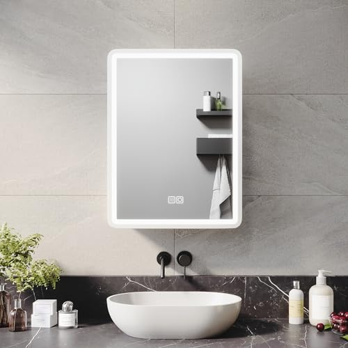 ELEGANT LED Bathroom Mirror Cabinet with Shaver Socket - Wall Mounted with Touch Button 3 Colour Light and Demister, Stainless Steel, 450x600mm White