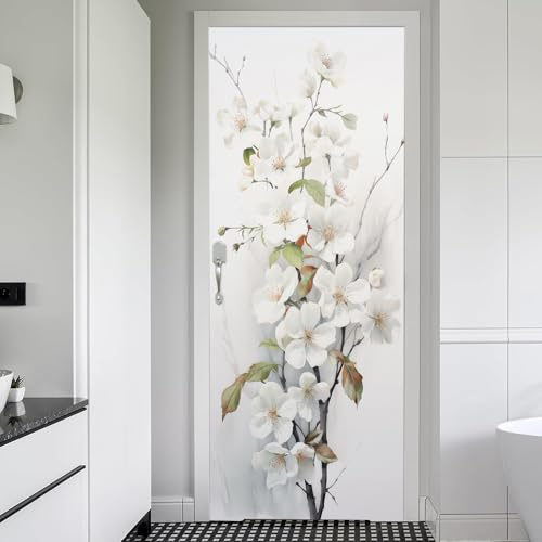 REDAMANCY White Cherry Flowers Tree Peel and Stick Door Vinyl 3D Mural Decals Self-Adhesive, Waterproof, Removable