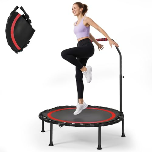 Trampolino da fitness, pieghevole, con impugnatura regolabile in 5 posizioni, silenzioso, massimo 150 kg, trampolino da giardino, per interni ed esterni (rosso)