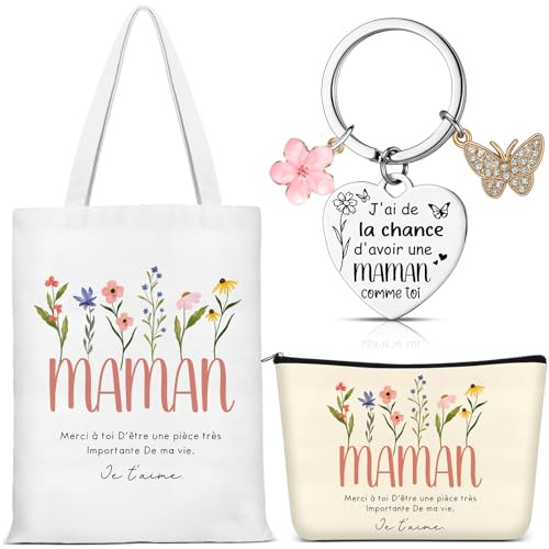 Hestya 3 Pièces Cadeau pour Maman Inclure Sac Cabas en Toile Trousse de Maquillage Porte-Clés Coeur Merci Cadeau de Noël d'Anniversaire de Fête des Mères de Thanksgiving pour Maman