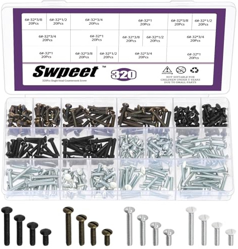 Swpeet 320pcs 4 storlekar # 6-32 tråd 3/8 1/2 3/4 1 lång vägg platta skruvar sortiment kit, 4 färg silver/svart/brons/elfenben oval huvud slott uttag skruv, växlingsplatt skruv för uttag