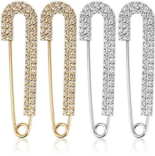 JAXICREY 4 broches de diamantes de imitación para mujer, oro y plata, agujas de broche de 70 mm, broches y alfileres de solapa para mujer, broche, corte reductor para, ropa, chaquetas, suéteres