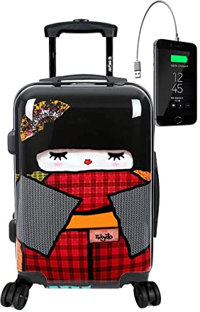 TOKYOTO - Valigia Da Cabina Divertente Per Bambini Adolescenti Ragazze E Fans Di Bambole Kokeshi Giapponesi Bagaglio A Mano Con USB 55x40x20 cm | Trolley 55x35x20 Valigia Rigida 10 Kg Japan Doll