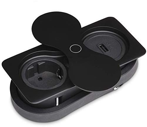 Prise de Courant Intégrée carrée (1 x Port USB / 1 x Prise Schuko) noir incl. Fiche avec Push to open Couvercle Pivotant