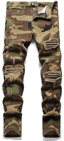 AITITIA Men's Biker Zipper Deco Washed Straight Fit Jeans, 6626 Camo, 28