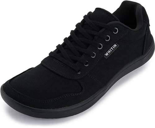 WHITIN Wide Toe Box Barefoot Sneakers for Men Canvas Minimalist Minimus Zero Drop Sole Shoes Size 12 Width 12W Laces Up Non Slip Training All Black 46