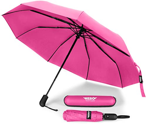 HERO Windproof Umbrella with Case - Compact - Easy Open & Close Automatic - Strong Wind Protection, Lightweight - Built with Reinforced Fiberglass Ribs - Pink
