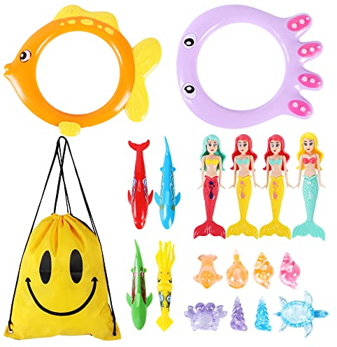 Aicoimy Tauchspielzeug Set für Kinder, 18 Stück Buntes Pool Spielzeug mit Tauchringen & Aufbewahrungsnetz - Wasserspiele für Schwimmbad, Meer & Strand