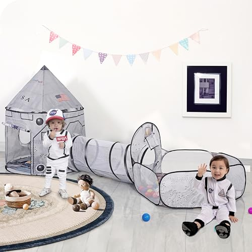 LimitlessFunN 4pc Space Rocket Ship Kids Pop Up Play Tent, Crawl Tunnel, Ball Pit | Includes Star Lights & Carrying Case |, Children Indoor Castle Playhouse for Boys, Toddlers, 47 D x 126 W x 53 H
