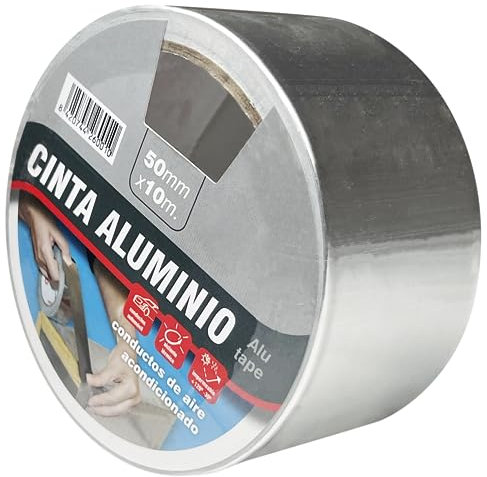 MUNTRADE Cinta Adhesiva de Aluminio 50 mm x 10 m - Cinta Aluminio Adhesiva Resistente a Agua y Calor - Ideal Aislante Termico, Sellado Conductos, Ventilación, Aire Acondicionado (1 Rollo)