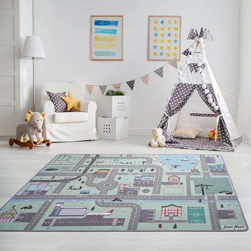 Feeti Floor Neu Pastell Spielteppich Straße | 1,5 x 1,0 m | Ökotex 100, geruchsneutral, Antirutsch | hochwertiger Teppich Kinderzimmer/Kinderteppich/Autoteppich