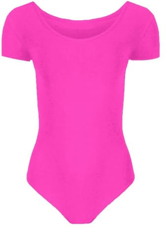 Hamishkane Kurzärmeliger Body für Mädchen, Tanz, Ballett, Gymnastikanzug, Kinder, einfarbig, dehnbar, Mikrofaser, Gymnastikanzug, neon pink, 11-12 Jahre