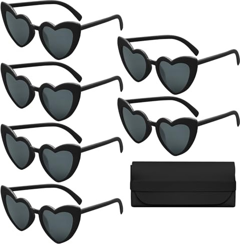 ZYKORT 6 Paires Lunettes Coeur, Lunettes de Fête Rétro pour Femme, Lunettes de Soleil Vintage Love Heart, Lunettes de Protection UV400 Fête en Plein air Avec un Sac à Lunettes Noir