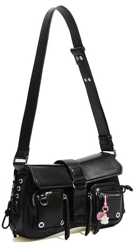 Kleine Umhängetasche für Frauen, schwarze Y2K Schultertasche Handtasche mit süßem Halloween-Anhänger für Frauen, Clutch, klassische Retro-Satchel-Tasche, Schwarz