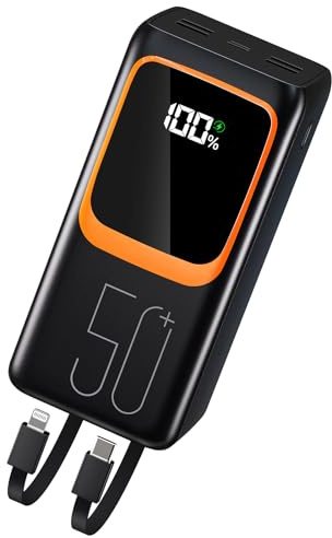 Power Bank 50000mAh con Cable Incorporado: Batería Externa de Carga rápida de 22.5W con Gran Capacidad, Cargador portátil con Linterna LED y 7 Salidas y 3 entradas