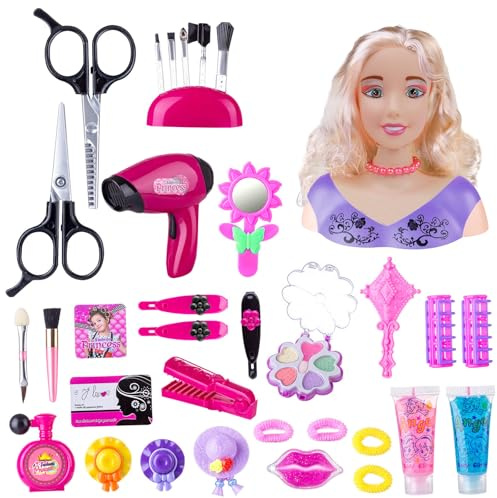 Kids Hairdressing Makeup Doll Head - 34 PCS Toy for Hair Styling, Play Makeup and Dressing Set, Christmas and Birthday Gift for Girls