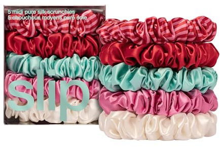 slip Midi Silk Scrunchie - Set of 5 Pure Slipsilk Scrunchies in Sundown, Gelati, Sunshade, Bianca, & Turquoise - 100% Mulberry Silk, Anti-Crease, Gentle on Hair, Reduces Breakage - Stylish & Durable