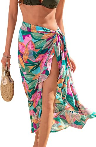CUPSHE Sarong Coverups for Women Beach Ruffle Self Tie Bathing Suit Cover Up Long Bikini Wraps Tropical Leaf, M