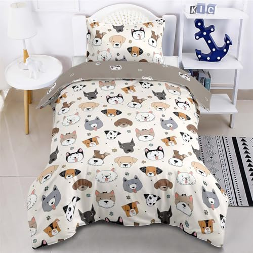 Highdi Toddler Bedding Set, White Animal Cot Bed Duvet Cover Set with 1 Pillow Case, Animal Cat Dog Print Kids Duvet Cover Reversible 2 Side Bedding Set-120 x 150cm