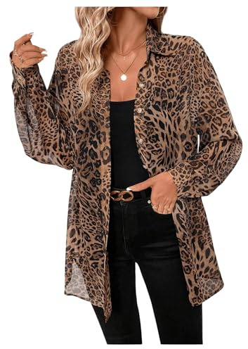 GORGLITTER Women's Chiffon Sheer Blouses Leopard Print Long Sleeve Button Down Collared Loose Elegant Shirts Brown Medium