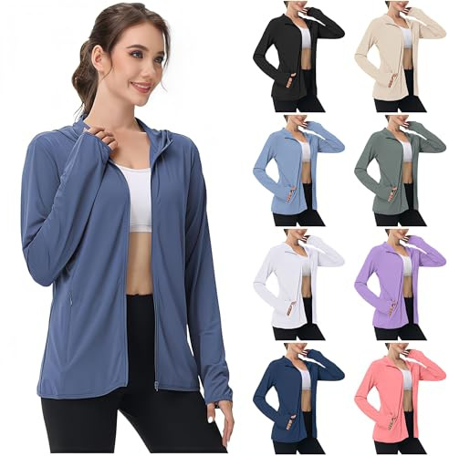 BFSWL Ropa de protección UV para mujer, de manga larga, chaqueta de verano, transpirable, con capucha, protección solar, chaqueta deportiva, protección UV, chaqueta deportiva, chaqueta para correr