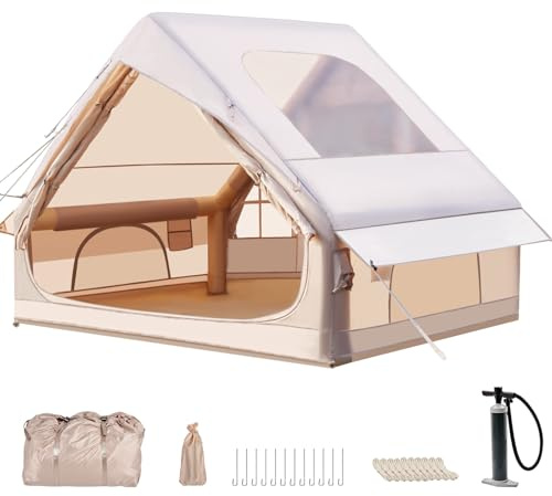 Tenda gonfiabile da campeggio con apertura per camino e luce sul tetto, tenda gonfiabile per 2-10 persone con pompa ad aria, tenda gonfiabile in tessuto Oxford impermeabile per tutte le stagioni