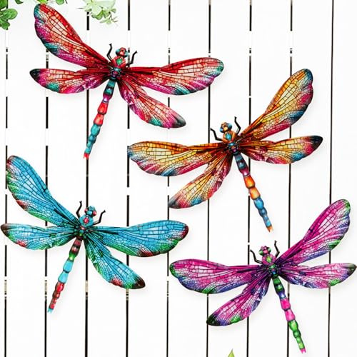 Velibobo 4Pcs Dragonfly Wall Art Garden Ornaments, Metal Hanging Dragonfly Outdoor Wall Decortions for Fence Garden Yard Shed Walls Kitchen Art Decor